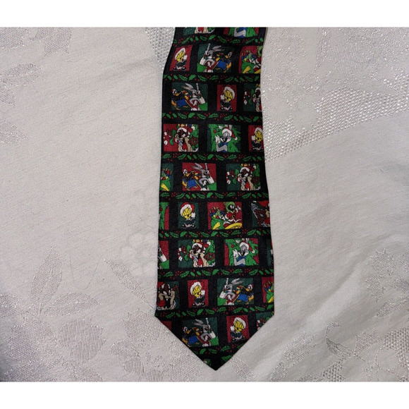 Vintage 1991 Looney Tunes Christmas Tie Bugs Bunny Tweety Sylvester 100% Silk - Picture 5 of 7